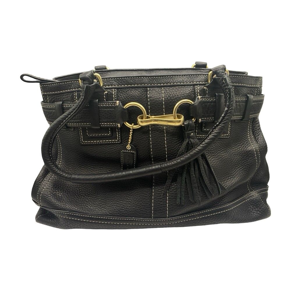 Coach Hamptons Carryall 10213 Black Pebbled Leather Brass Horsebit Tote Bag